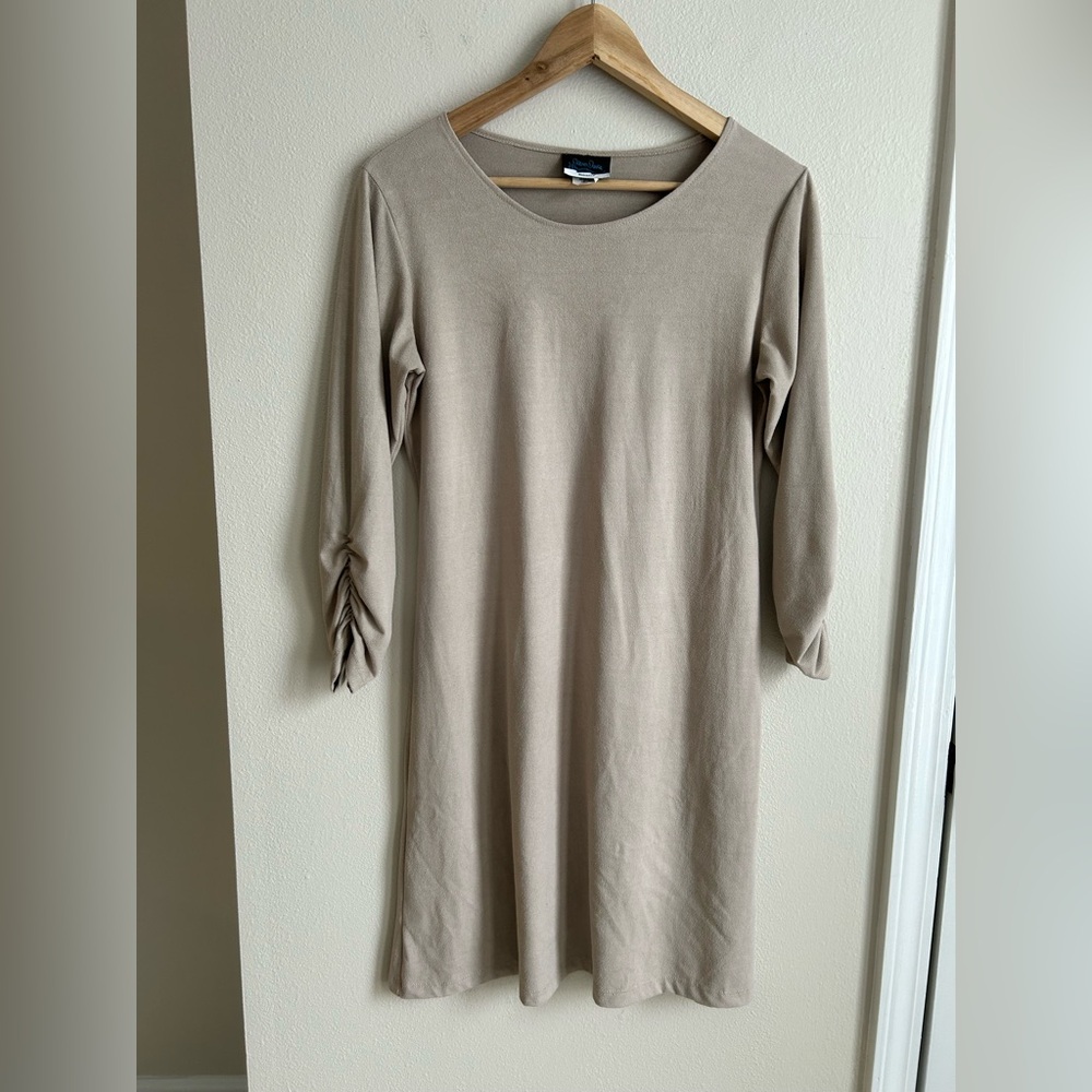 Dream Dance Tan Dress with Ruched Sleeves